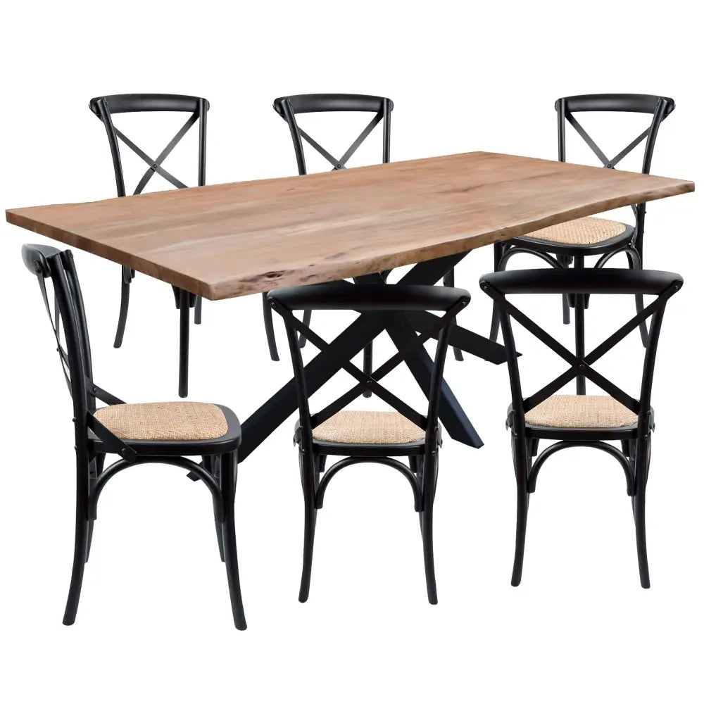 Lantana 7pc 210cm Dining Table 6 Black X-Back Chair Set Live Edge Acacia Wood - Furniture > Dining