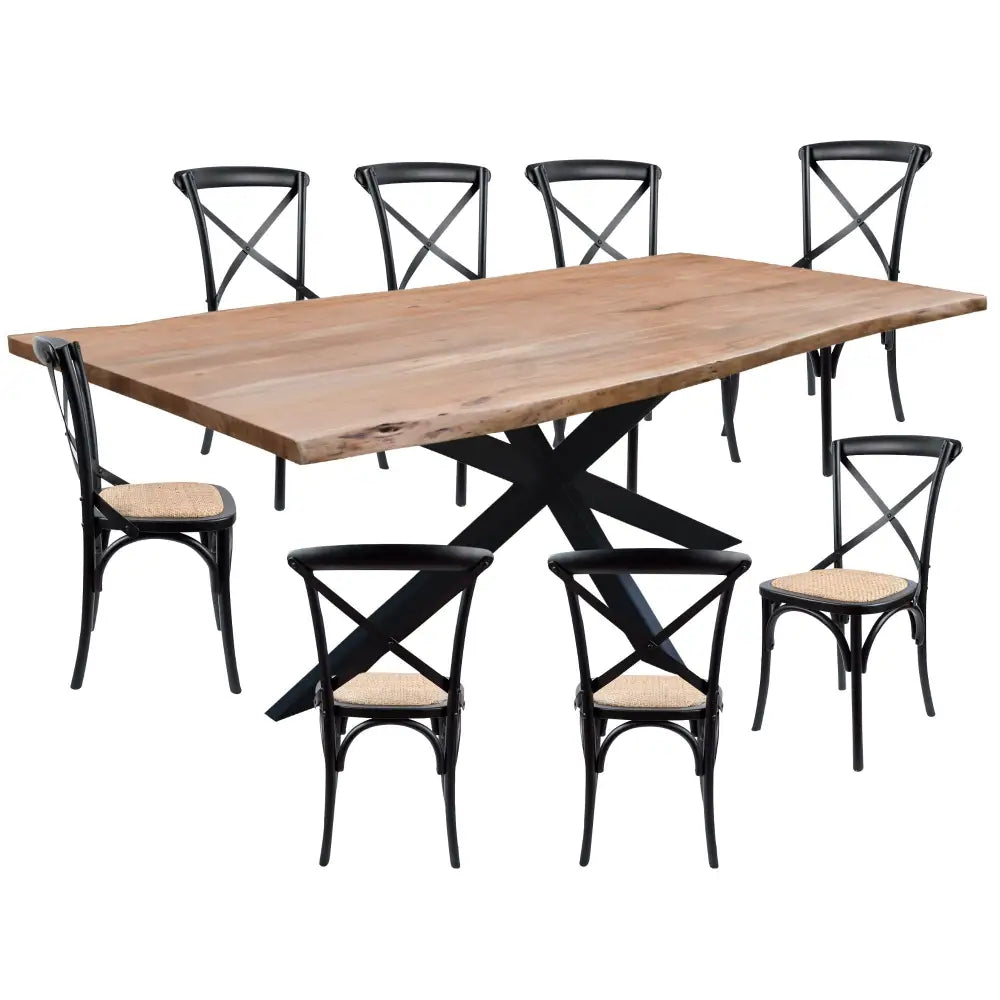 Lantana 9pc 240cm Dining Table 8 Black X-Back Chair Set Live Edge Acacia Wood - Furniture > Dining