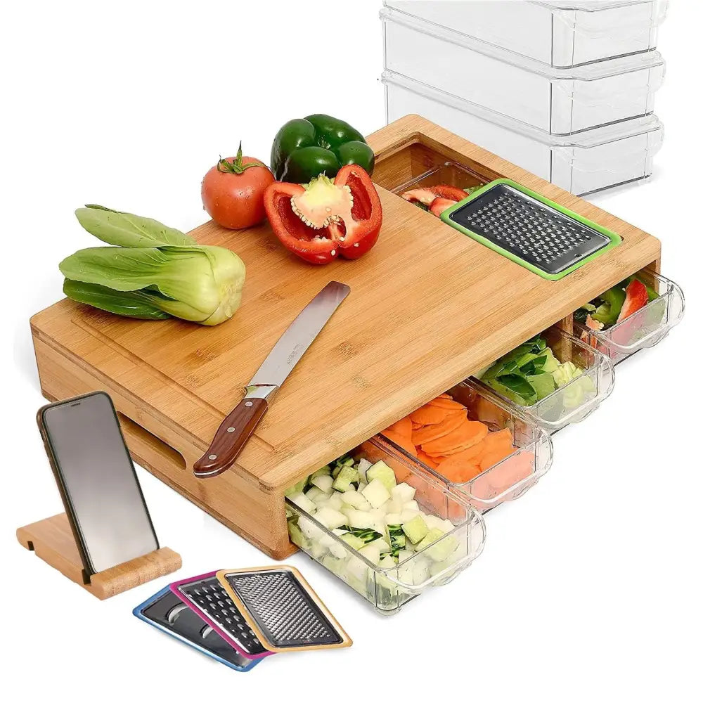 Large Bamboo Cutting Board and 4 Containers with Mobile Holder gift included for Home Kitchen - Appliances > Kitchen