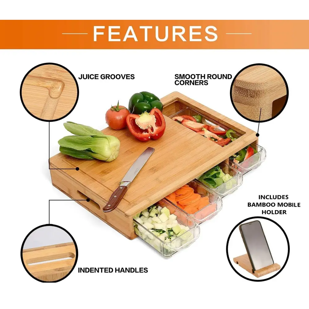 Large Bamboo Cutting Board and 4 Containers with Mobile Holder gift included for Home Kitchen - Appliances > Kitchen