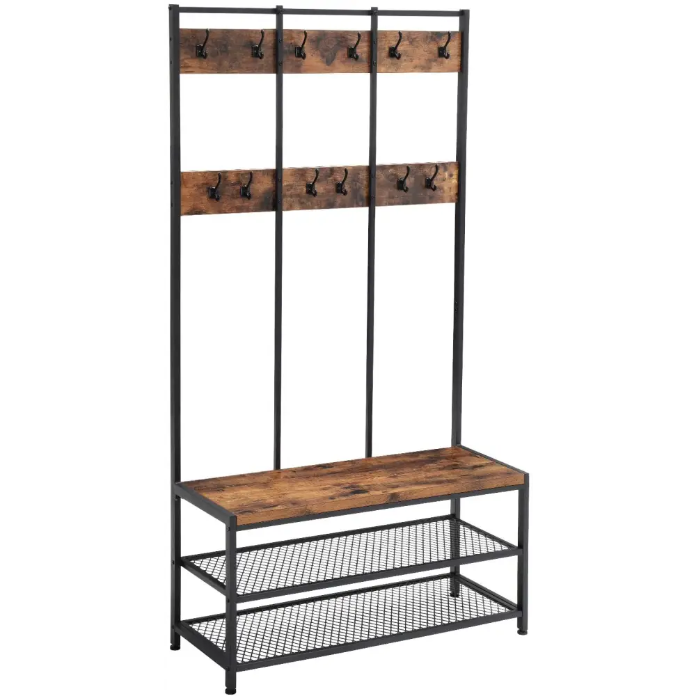 Large Coat Rack Stand with 12 Hooks and Shoe Bench Rustic Brown and Black - Furniture > Living Room