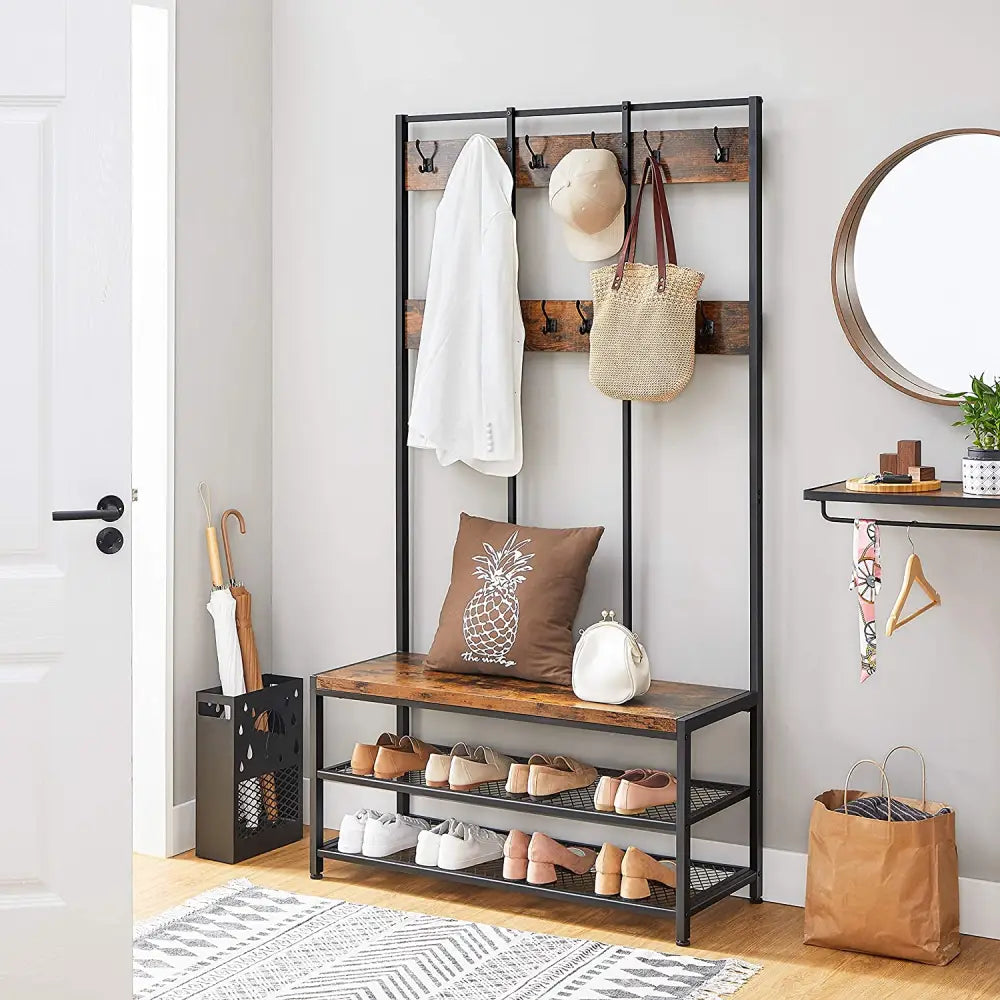 Large Coat Rack Stand with 12 Hooks and Shoe Bench Rustic Brown and Black - Furniture > Living Room
