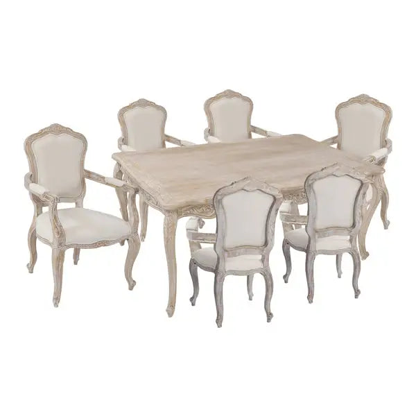 Large Size Oak Wood White Washed Finish Arm Chair Dining Table Set - Furniture > Dining