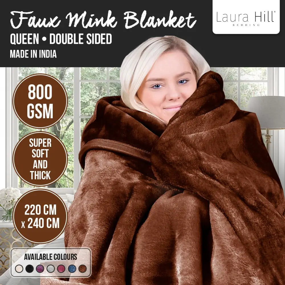 Laura Hill Faux Mink Blanket 800GSM Heavy Double-Sided - Chocolate - Home & Garden > Bedding
