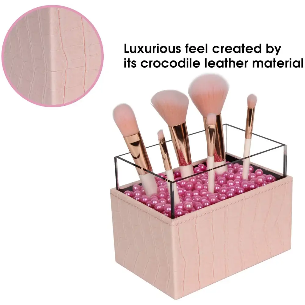 Leather Makeup Brush Cosmetic Organiser Storage Box with Pink Pearls and Acrylic Cover (Pink) - Health & Beauty >
