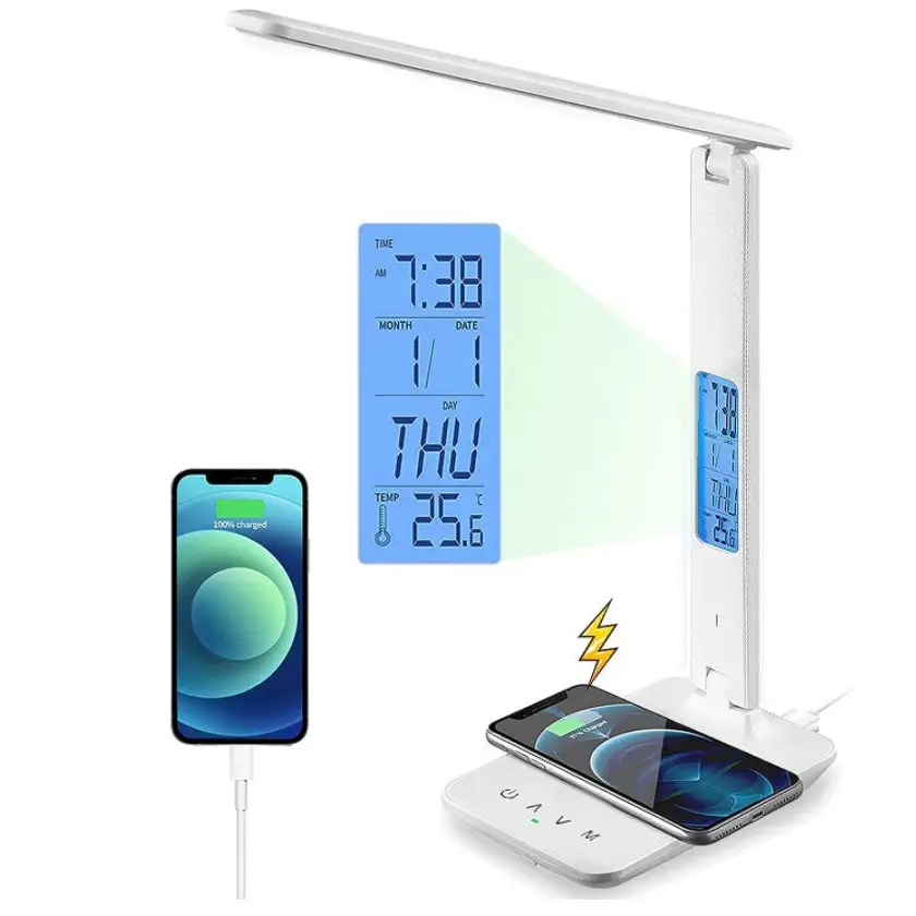 LED Desk Lamp with Fast Wireless Charger Clock Alarm Date Temperature - Home & Garden > Lighting