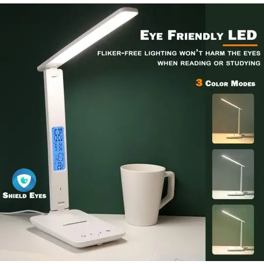 LED Desk Lamp with Fast Wireless Charger Clock Alarm Date Temperature - Home & Garden > Lighting