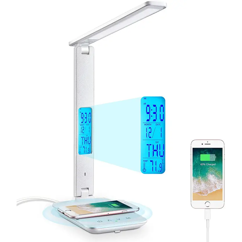 LED Desk Lamp with Fast Wireless Charger Clock Alarm Date Temperature - Home & Garden > Lighting
