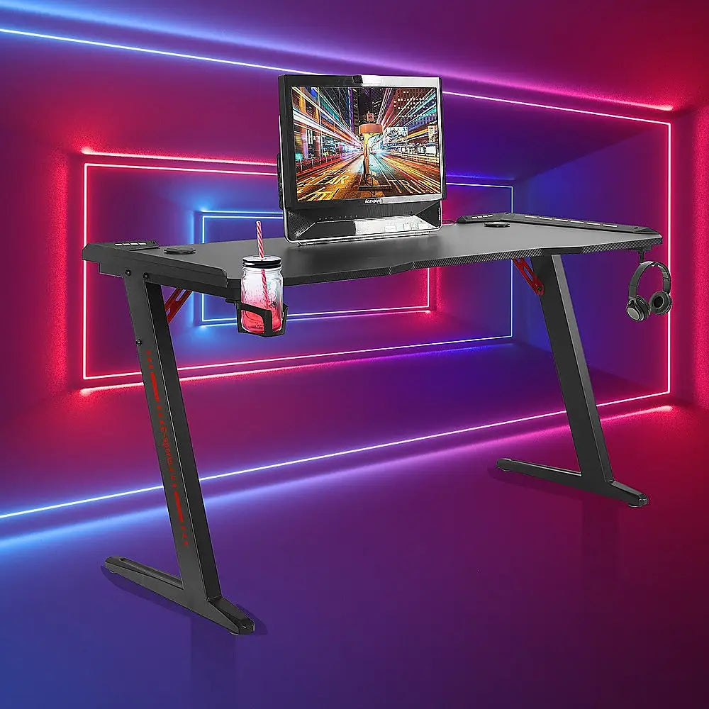 LED Gaming Desk Computer Table with Cup Holder Headphone Hook Cable Hole - Furniture > Office