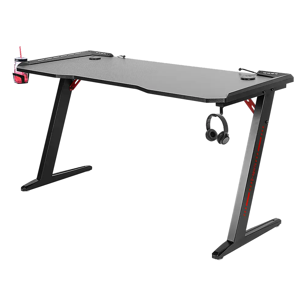 LED Gaming Desk Computer Table with Cup Holder Headphone Hook Cable Hole - Furniture > Office
