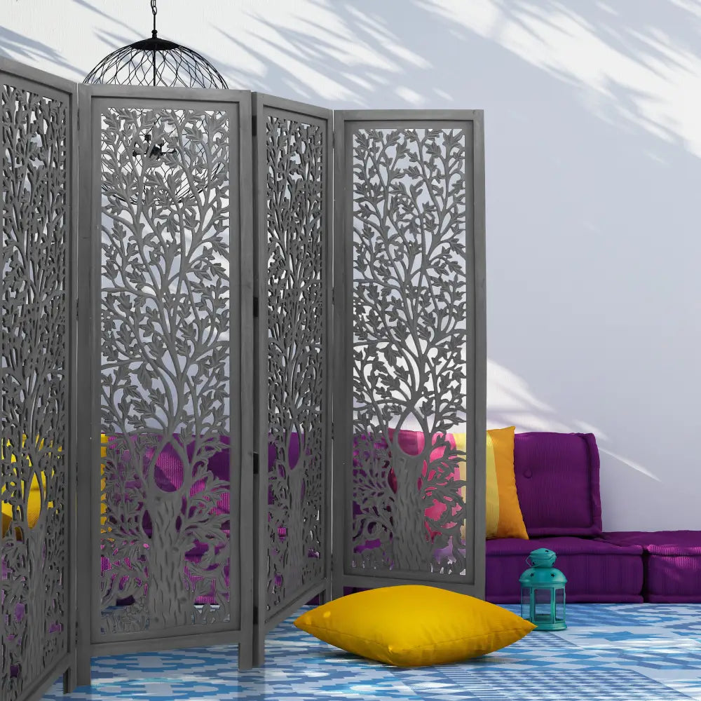 Life Dig 4 Panel Room Divider Screen Privacy Shoji Timber Wood Stand - Dark Grey - Furniture > Living Room