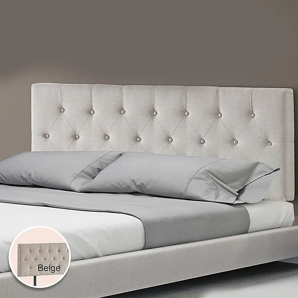 Linen Fabric Double Bed Deluxe Headboard Bedhead - Beige - Furniture > Bedroom