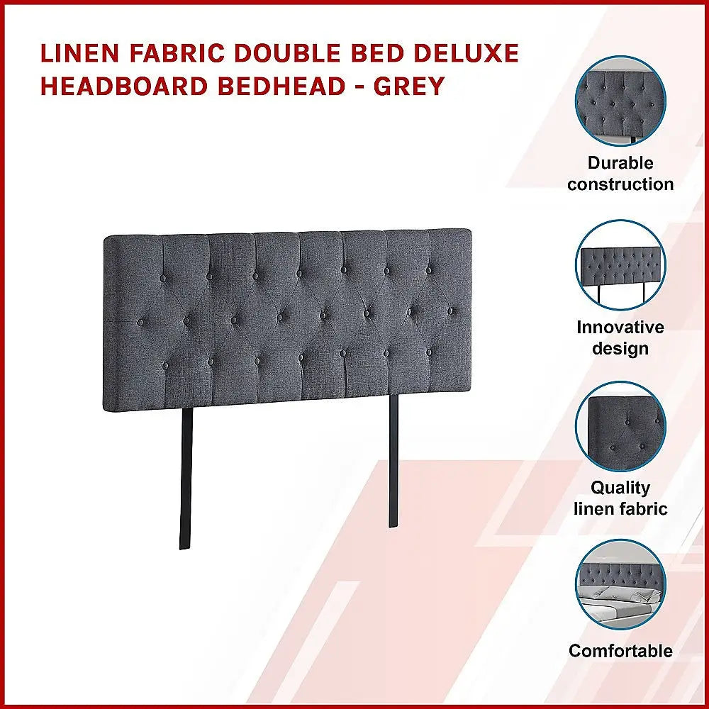 Linen Fabric Double Bed Deluxe Headboard Bedhead - Grey - Furniture > Bedroom