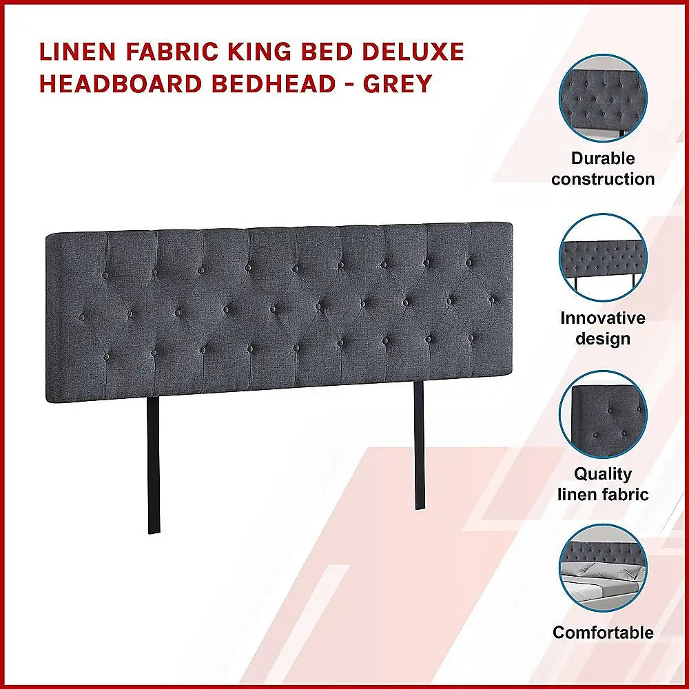 Linen Fabric King Bed Deluxe Headboard Bedhead - Grey - Furniture > Bedroom
