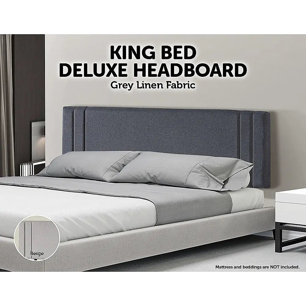 Linen Fabric King Bed Deluxe Headboard Bedhead - Grey - Furniture > Bedroom