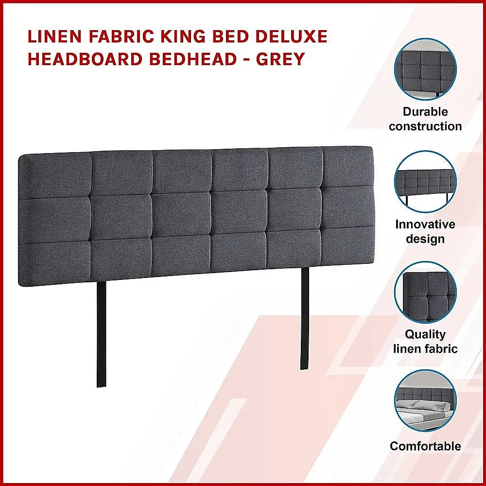 Linen Fabric King Bed Deluxe Headboard Bedhead - Grey - Furniture > Bedroom