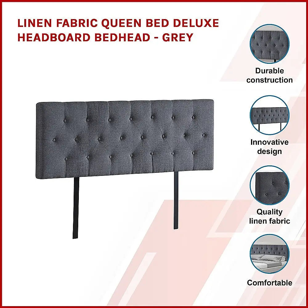 Linen Fabric Queen Bed Deluxe Headboard Bedhead - Grey - Furniture > Bedroom