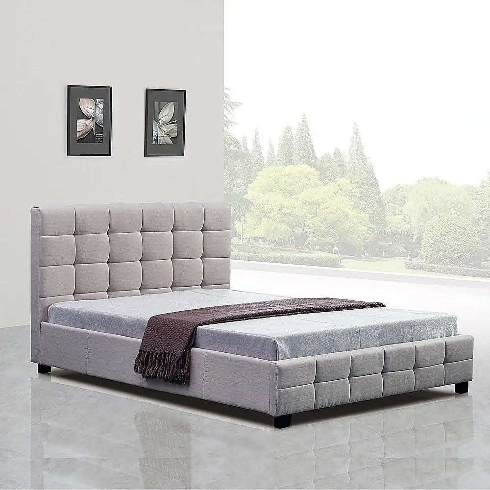 Linen Fabric Queen Deluxe Bed Frame Beige - Furniture > Bedroom > Beds & Bed Frames