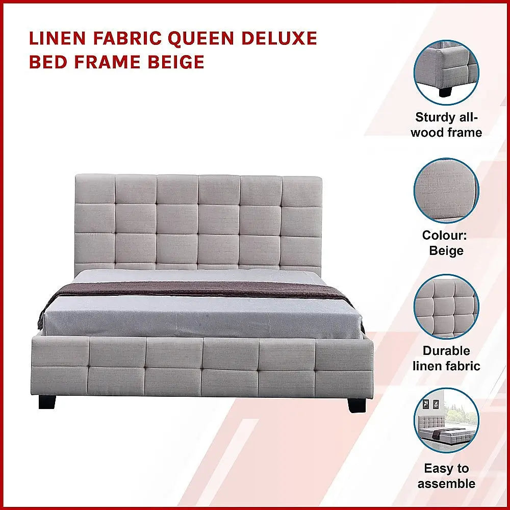 Linen Fabric Queen Deluxe Bed Frame Beige - Furniture > Bedroom > Beds & Bed Frames