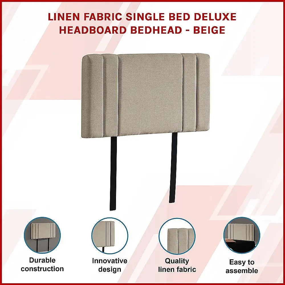 Linen Fabric Single Bed Deluxe Headboard Bedhead - Beige - Furniture > Bedroom
