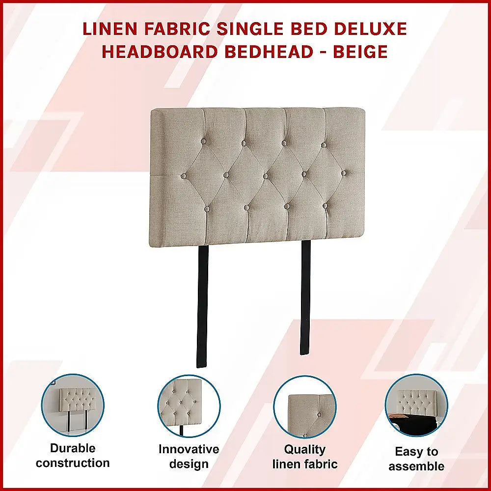Linen Fabric Single Bed Deluxe Headboard Bedhead - Beige - Furniture > Bedroom > Beds & Bed Frames