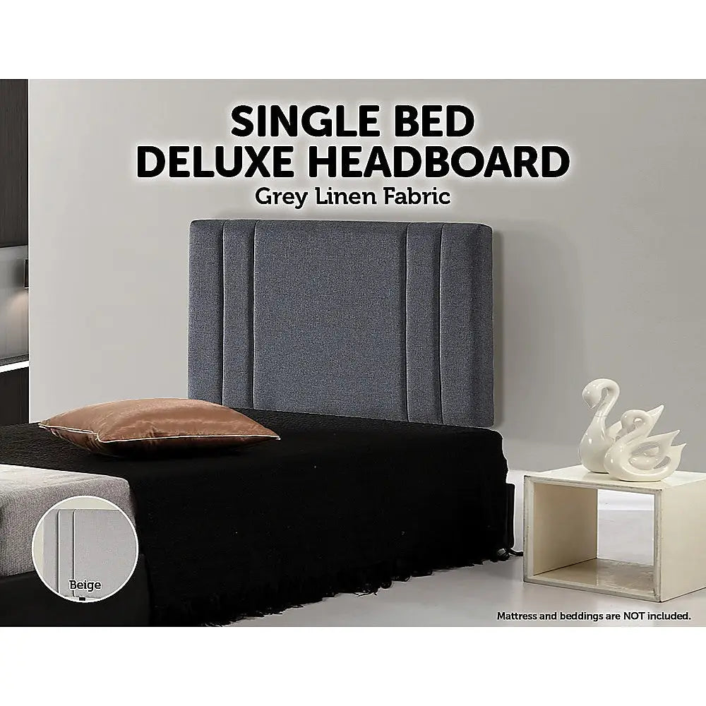 Linen Fabric Single Bed Deluxe Headboard Bedhead - Grey - Furniture > Bedroom > Beds & Bed Frames