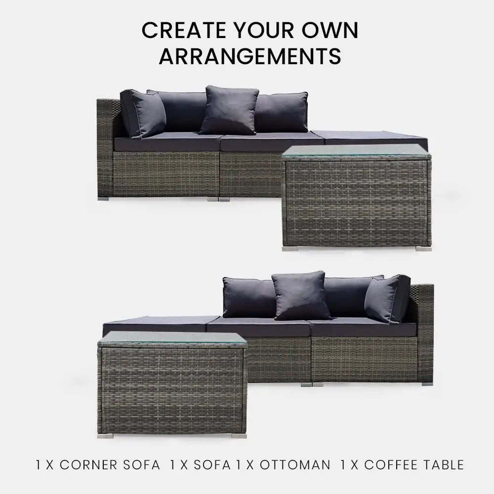 LONDON RATTAN 4 Piece 3 Seater Modular Outdoor Lounge Setting Grey - Furniture > Outdoor