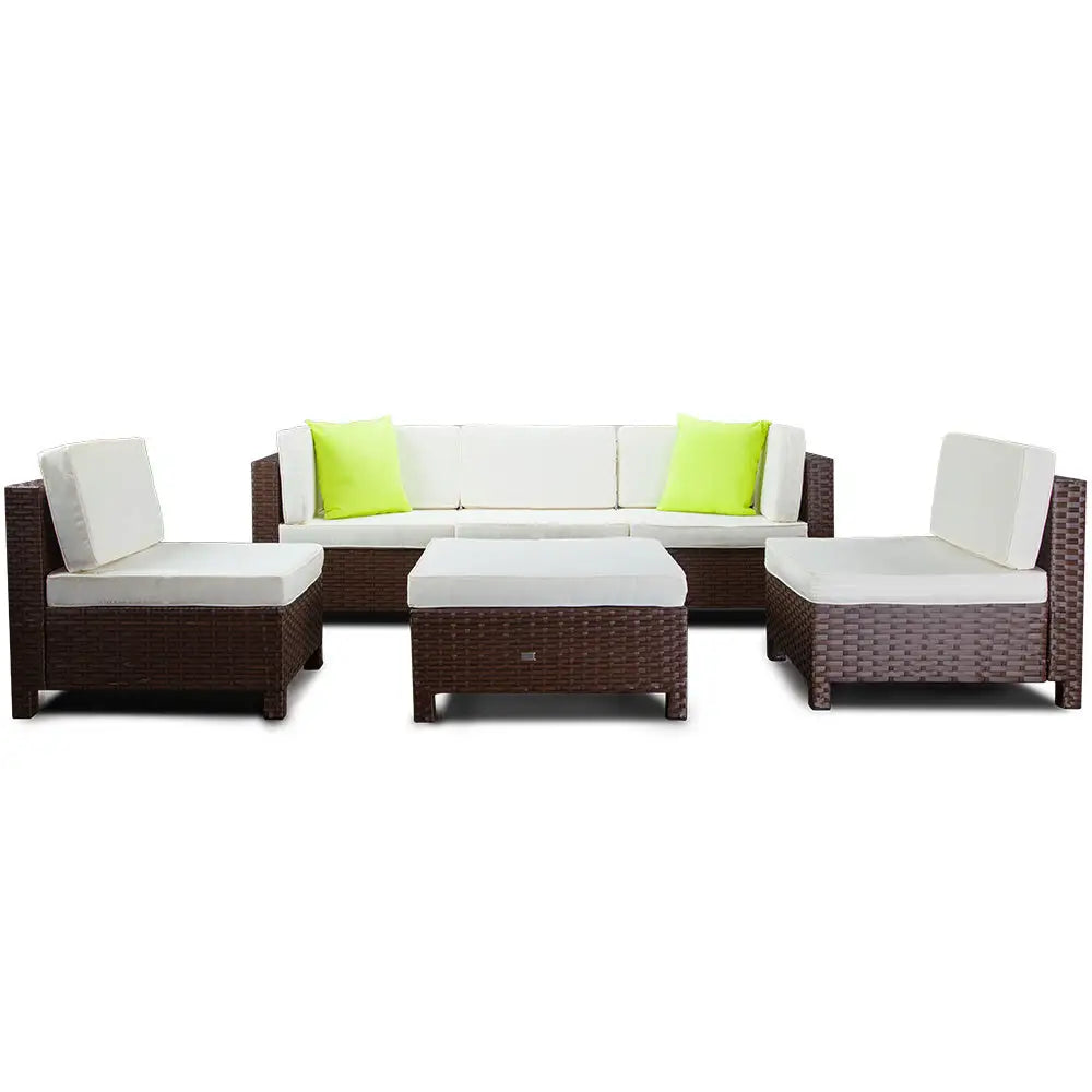LONDON RATTAN 6pc Outdoor Furniture Setting Wicker Lounge Sofa Set Brown - Furniture > Outdoor