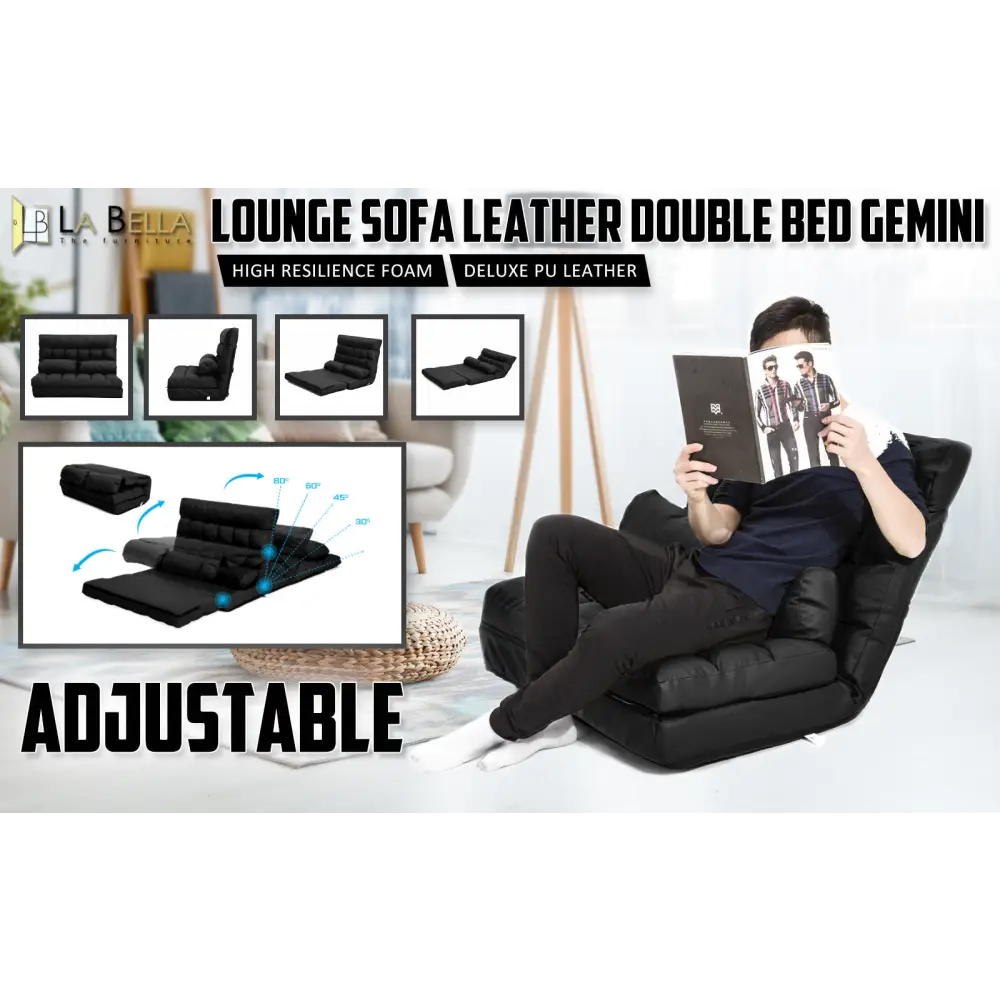 Lounge Couch Sofa Bed Double Seat Leather GEMINI BLACK - Furniture > Sofas