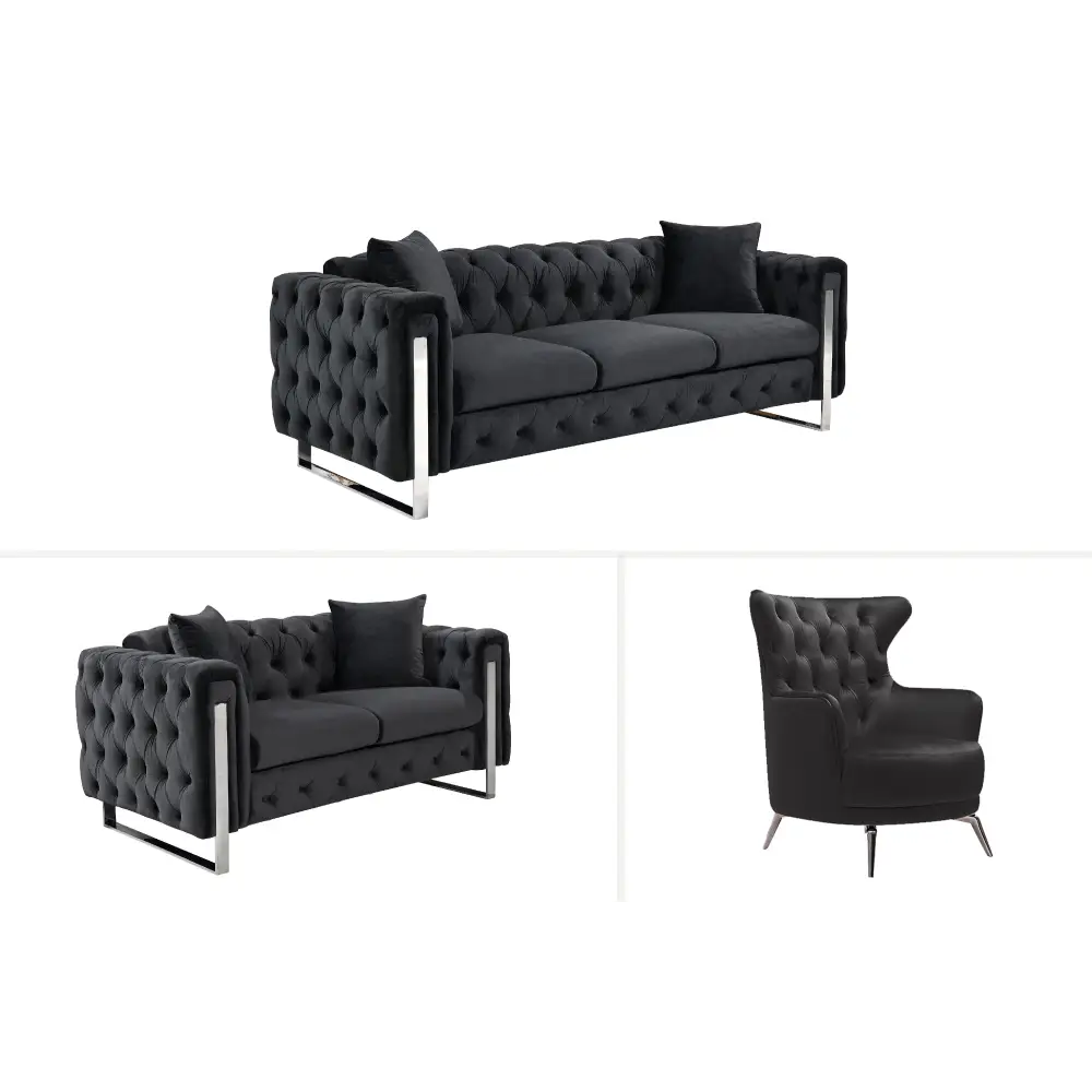 Madeline Range - Black Velvet - Silver Trims - Furniture > Sofas