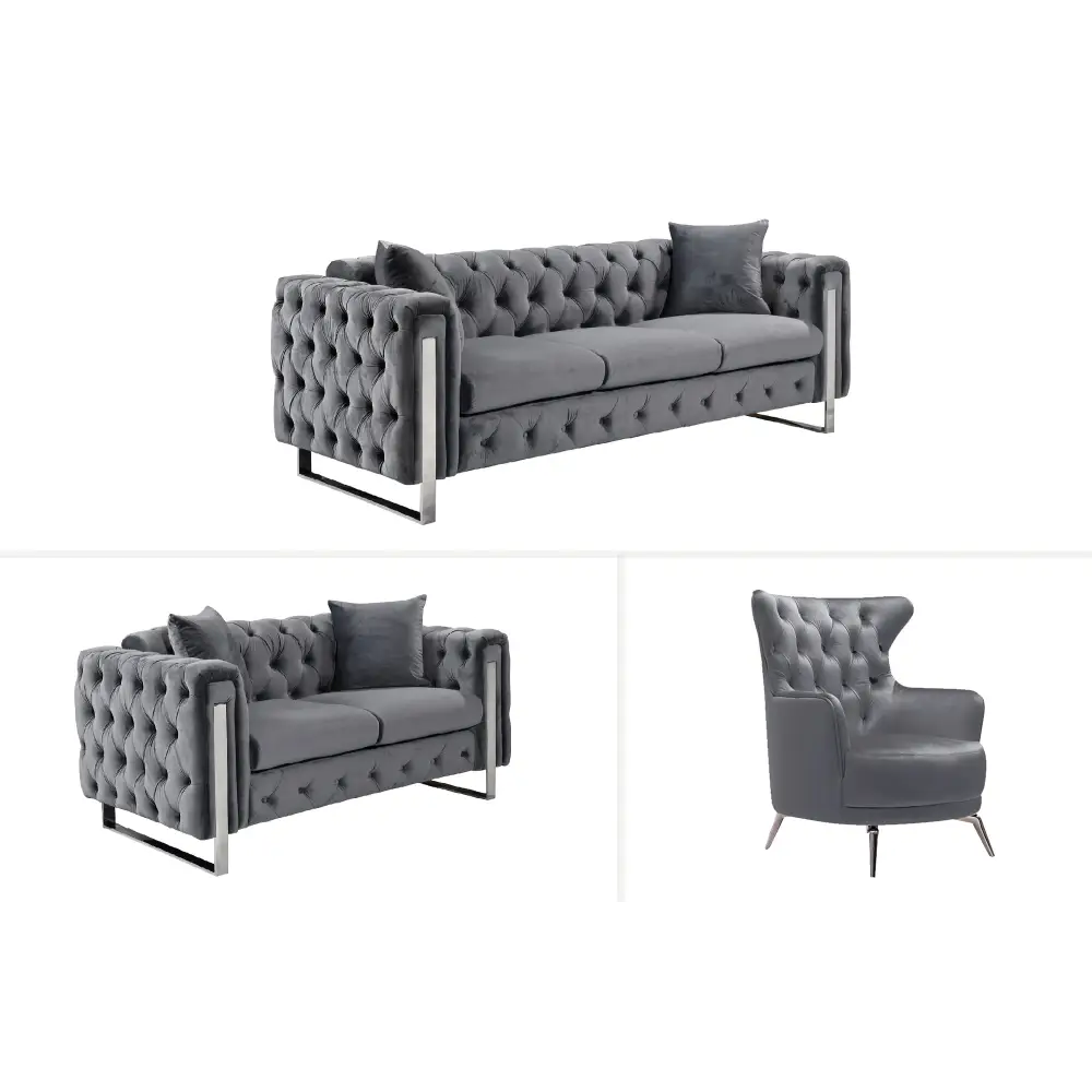 Madeline Range - Dark Grey Velvet 3 + 2 + 1 - Silver Trims - Furniture > Sofas
