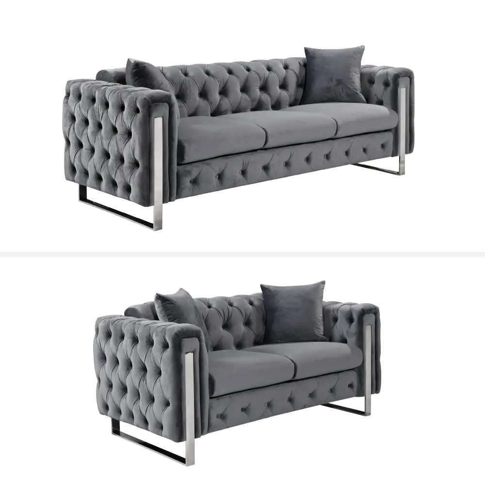 Madeline Range - Dark Grey Velvet 3 + 2 + 1 - Silver Trims - Furniture > Sofas