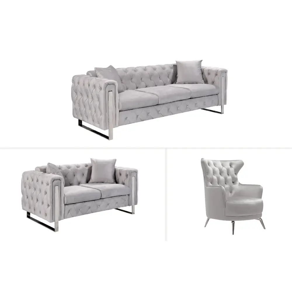 Madeline Range - Light Grey Velvet - Silver Trims - Furniture > Sofas