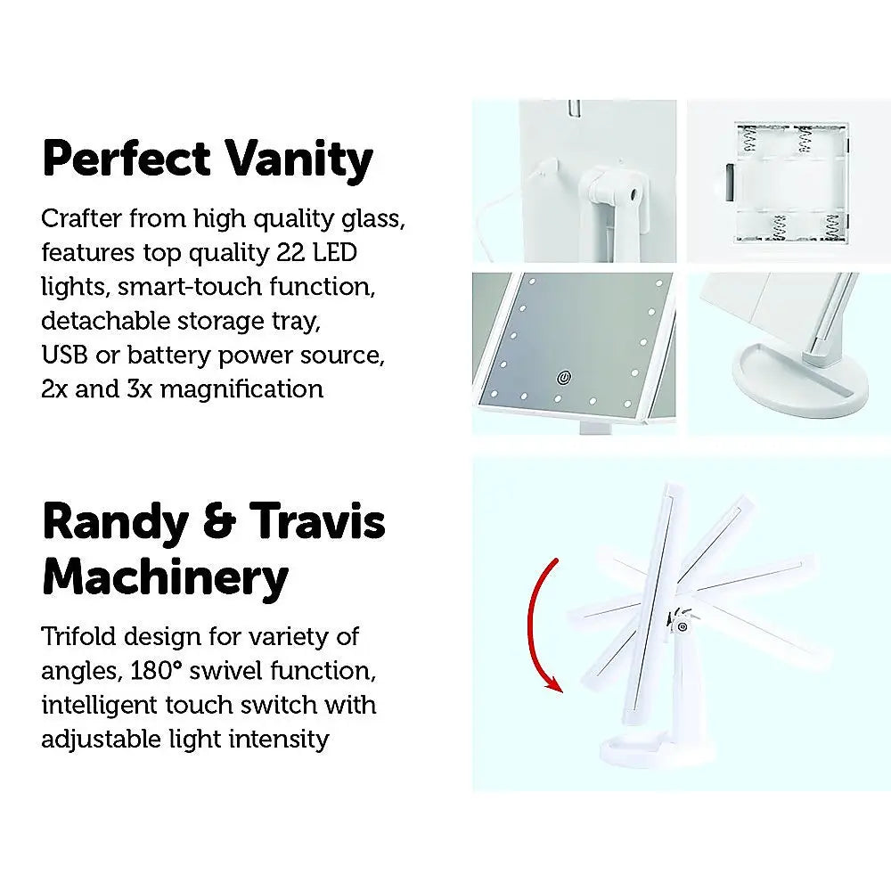 Makeup Mirror With LED Light Standing Mirror Magnifying Tri-Fold Touch - Health & Beauty > Bath & Body > Bath Additives