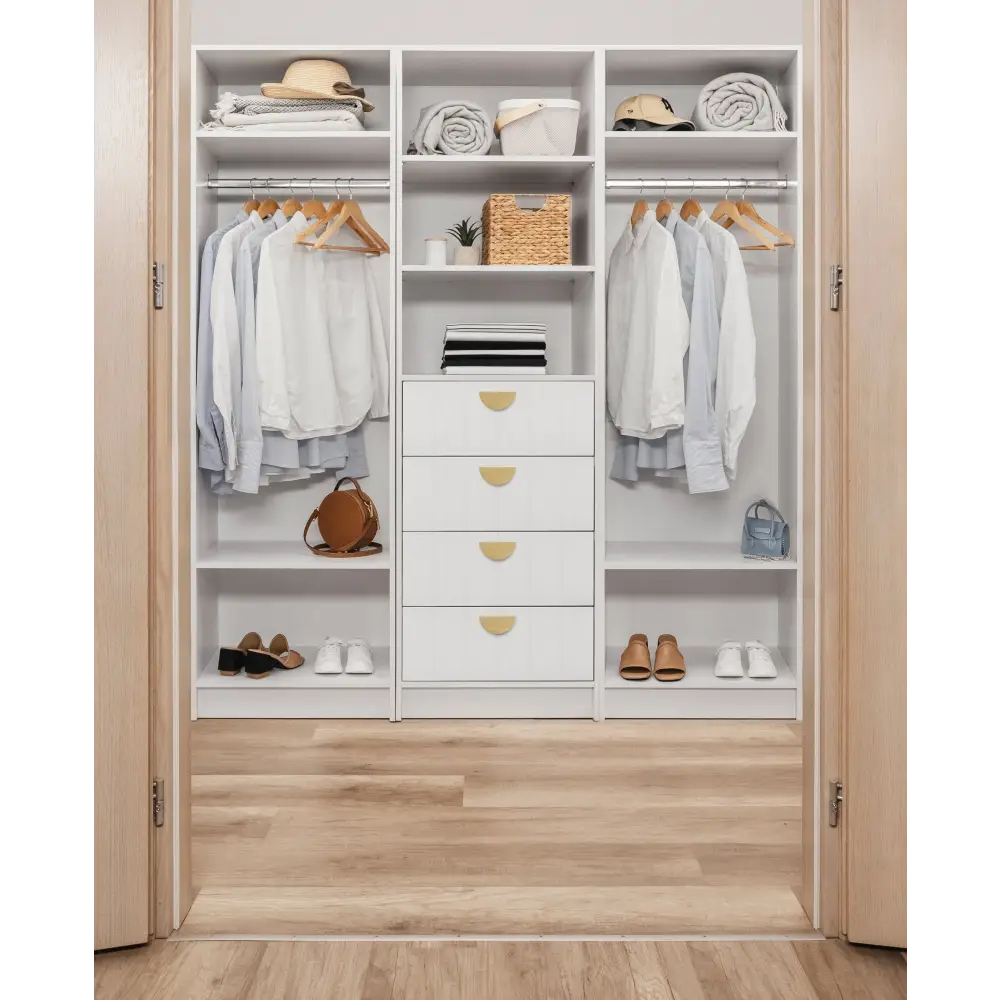MALMO 3 SHELF 4 DRAWER WALK IN WARDROBE - WHITE - VJ PANEL - HALF MOON BRASS - Home & Garden > Storage > Clothing &