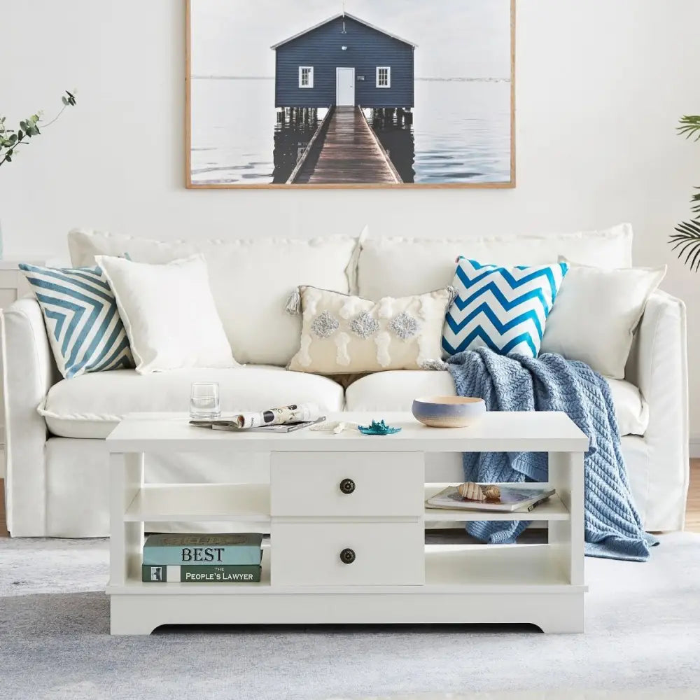 Margaux White Coastal Style Coffee Table with Drawers - Furniture > Living Room