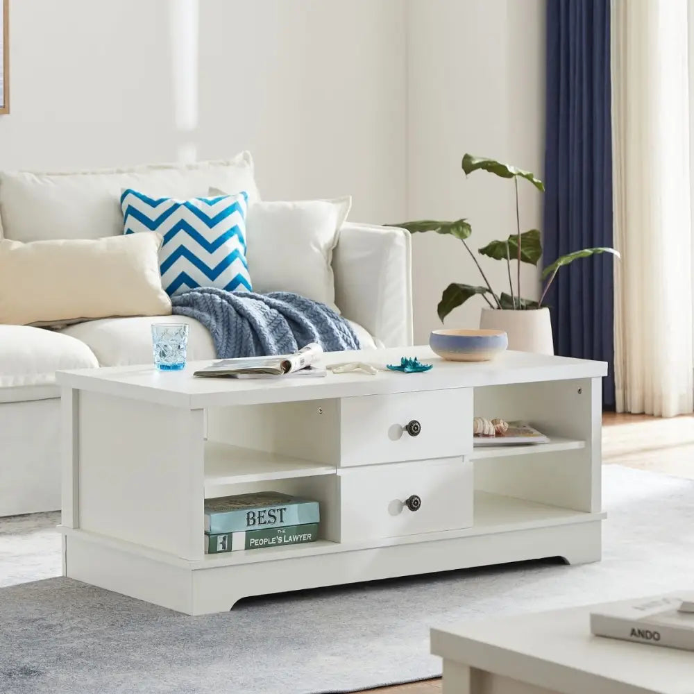 Margaux White Coastal Style Coffee Table with Drawers - Furniture > Living Room