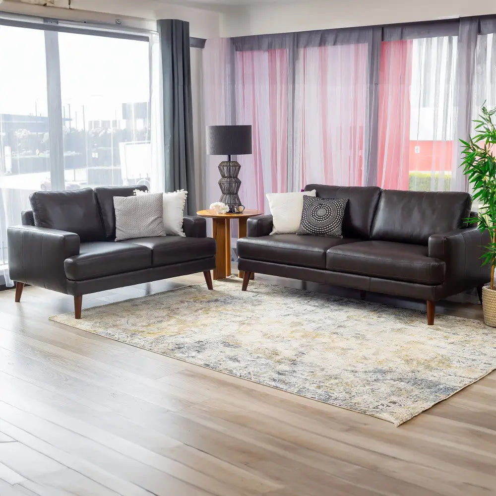 Matilda 2 + 3 Seater Sofa Leather Upholstered Lounge Set - Chocolate - Furniture > Sofas