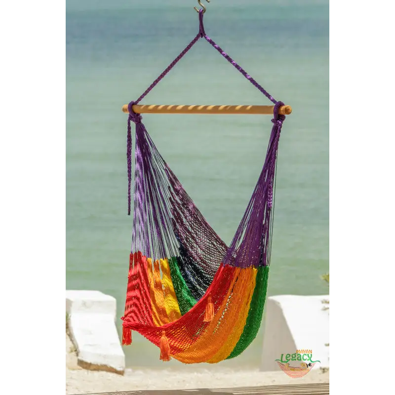 Mayan Legacy Extra Large Outdoor Cotton Mexican Hammock Chair in Rainbow Colour - Home & Garden > Hammocks