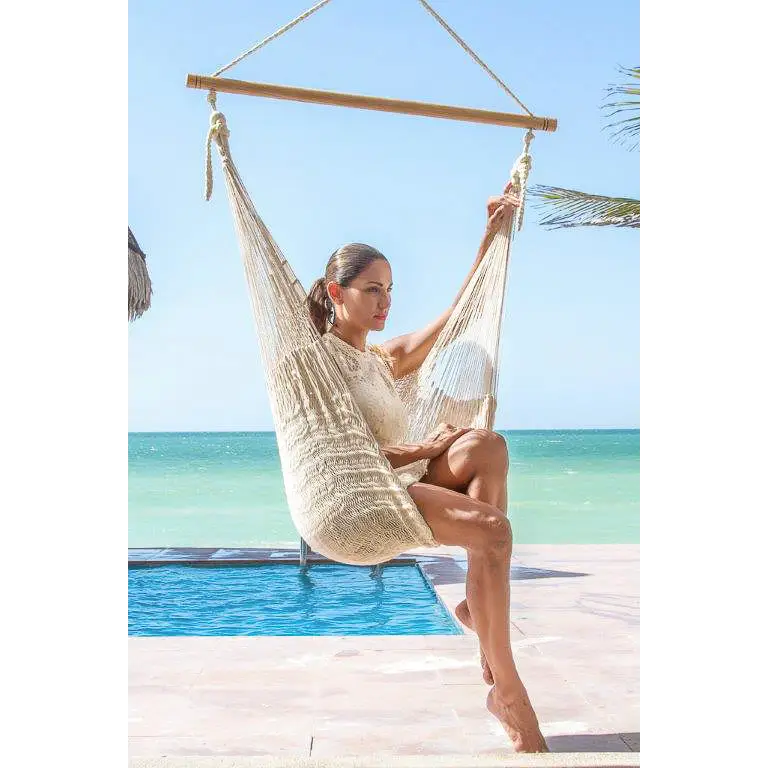 Mayan Legacy Extra Large Outdoor Cotton Mexican Hammock Chair in Cream Colour - Home & Garden > Hammocks