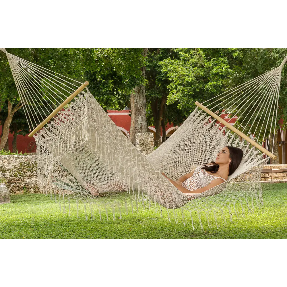 Mayan Legacy Queen Size Outdoor Cotton Mexican Resort Hammock With Fringe in Cream Colour - Home & Garden > Hammocks