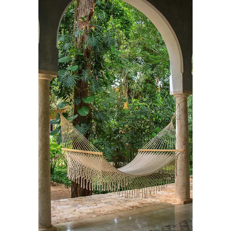 Mayan Legacy Queen Size Outdoor Cotton Mexican Resort Hammock With Fringe in Cream Colour - Home & Garden > Hammocks