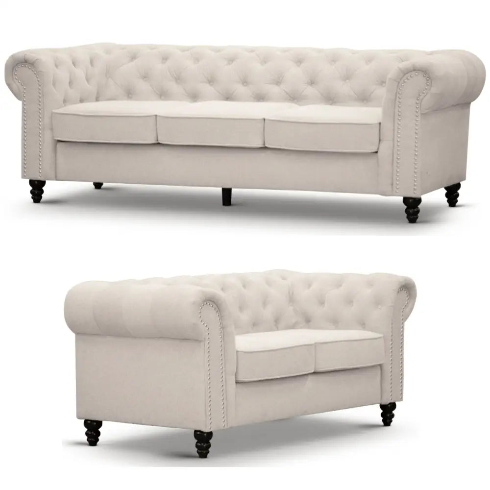 Mellowly 3 + 2 Seater Sofa Fabric Uplholstered Chesterfield Lounge Couch - Beige - Furniture > Sofas