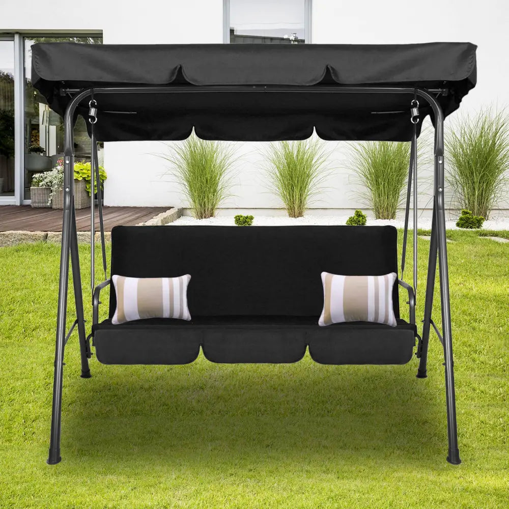 Milano Outdoor Swing Bench Seat Chair Canopy Furniture 3 Seater Garden Hammock - Black - Furniture > Outdoor