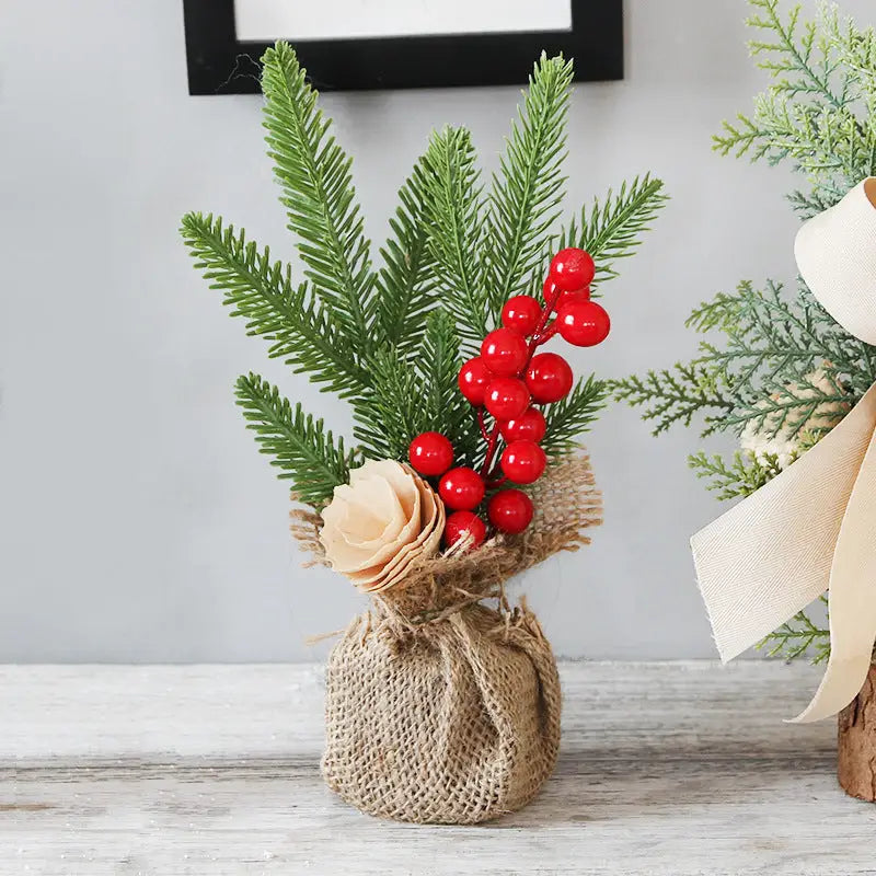 Mini Christmas Pine Tree Decoration - 10.24 Inches Tall with Red Berries and Burlap Base (4 trees) - Occasions >