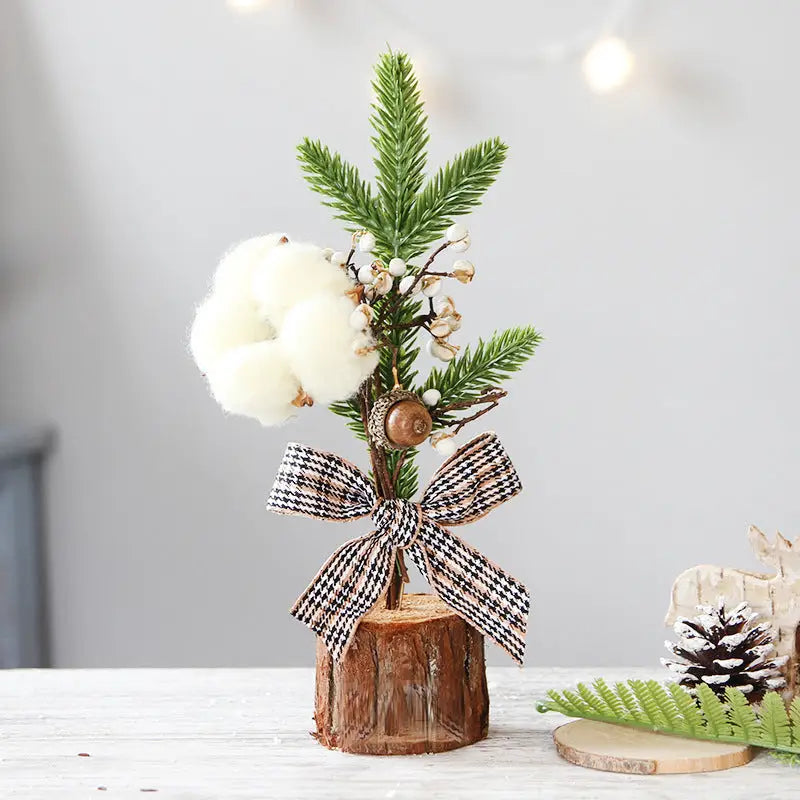 Mini Rustic Christmas Tree Decoration – 9.84 Inches Tall with Cotton and Plaid Bow Accents (4 trees) - Occasions >