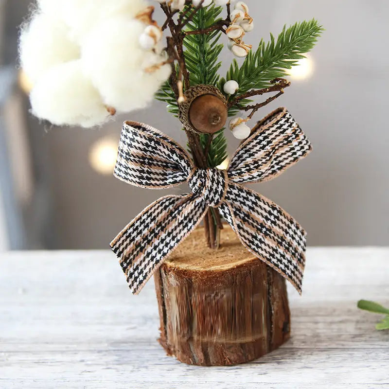 Mini Rustic Christmas Tree Decoration – 9.84 Inches Tall with Cotton and Plaid Bow Accents (4 trees) - Occasions >