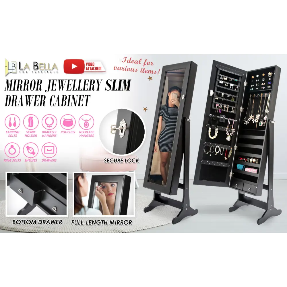Mirror Jewellery Cabinet Organiser 2 Drawers LOWE 146cm BLACK - Health & Beauty > Cosmetic Storage > Makeup