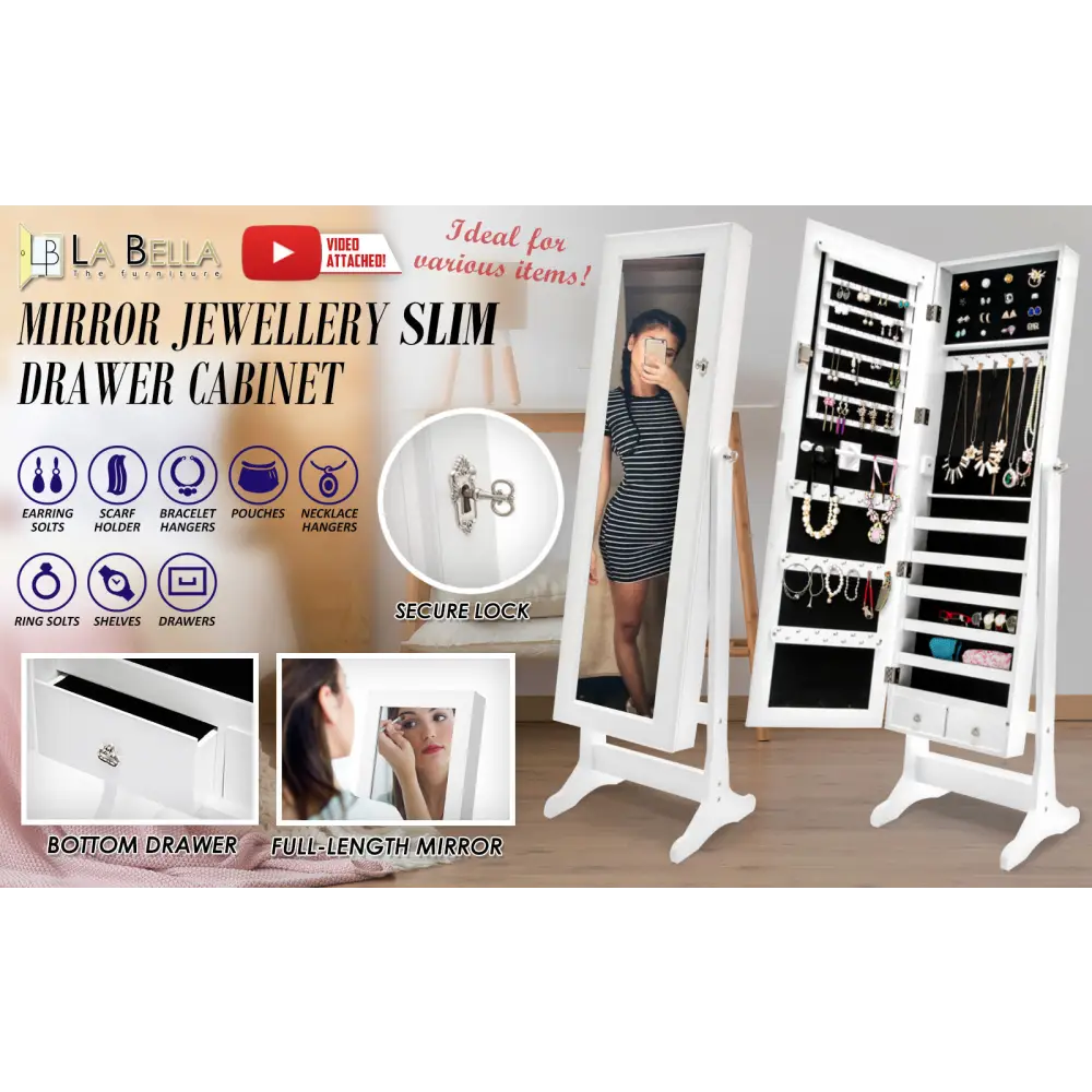 Mirror Jewellery Cabinet Organiser 2 Drawers LOWE 146cm WHITE - Health & Beauty > Cosmetic Storage > Makeup