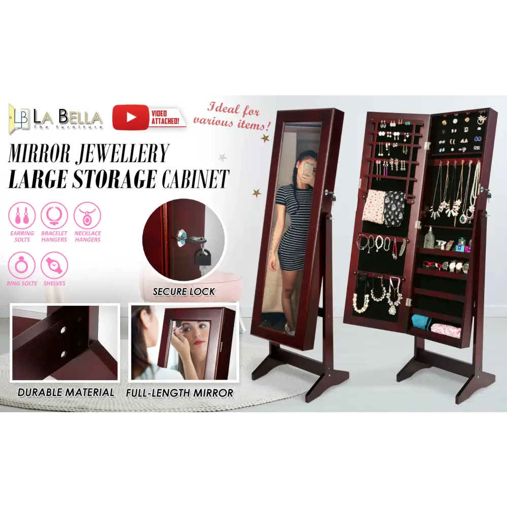 Mirror Jewellery Cabinet Storage Organiser LUVO 146cm WALNUT - Health & Beauty > Cosmetic Storage > Makeup Organisation